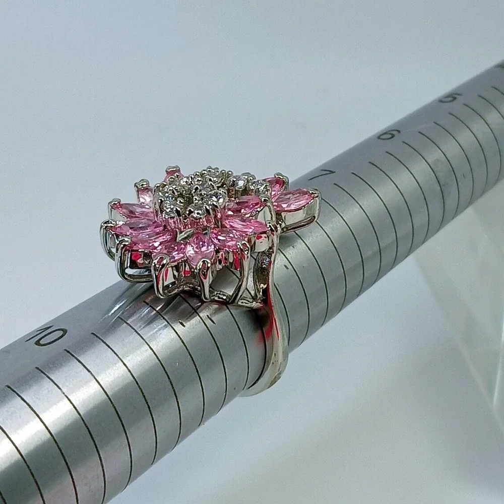Vintage 1990s Pink Marquise Floral Swirl Cocktail Ring Silver Statement Size 8.5